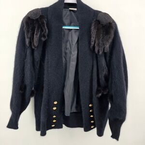 Duscha Cardigan Women Black Angora Fur Trim Beaded Vintage 80s Glam